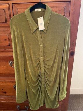 Mulla Olive Green Ruched Front Button-Down Tunic NWT